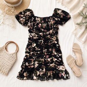 Blāshe Floral Ruched Mini Dress Womens Large Black Puff Sleeve Ruffle Romantic
